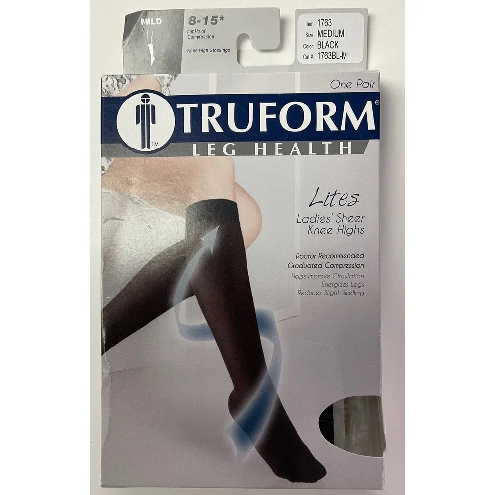 NIB Women' TruForm 1763 Lites Sheer Knee High Stockings Compression Black Medium